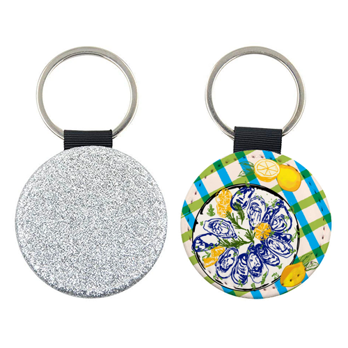 Oysters on Plate with Lemon – Coastal Checkered - keyring by EZbie