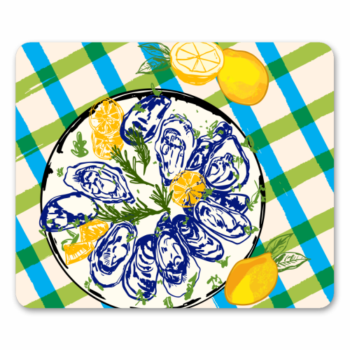 Oysters on Plate with Lemon – Coastal Checkered - mouse mat by EZbie