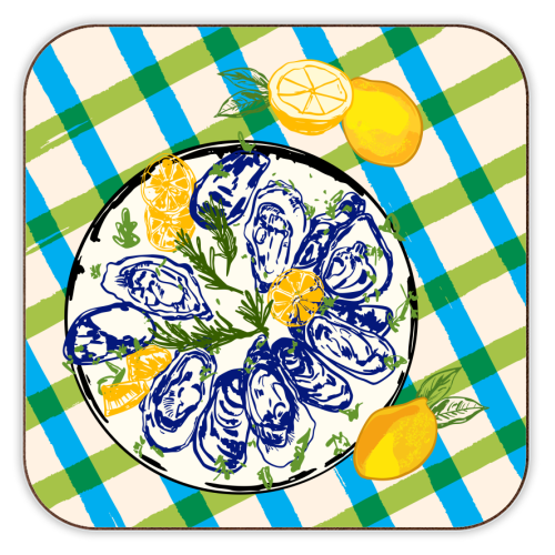 Oysters on Plate with Lemon – Coastal Checkered - personalised beer coaster by EZbie