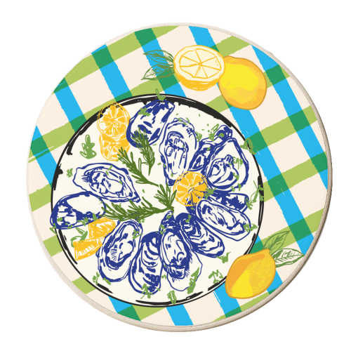 Oysters on Plate with Lemon – Coastal Checkered - personalised beer coaster by EZbie
