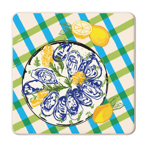 Oysters on Plate with Lemon – Coastal Checkered - personalised beer coaster by EZbie