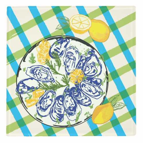 Oysters on Plate with Lemon – Coastal Checkered - personalised beer coaster by EZbie