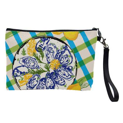 Oysters on Plate with Lemon – Coastal Checkered - pretty makeup bag by EZbie