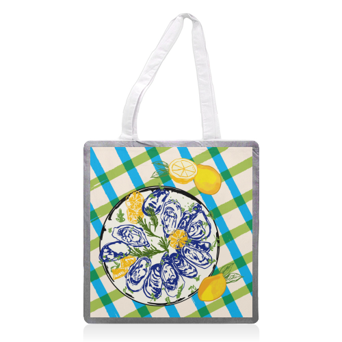 Oysters on Plate with Lemon – Coastal Checkered - printed canvas tote bag by EZbie