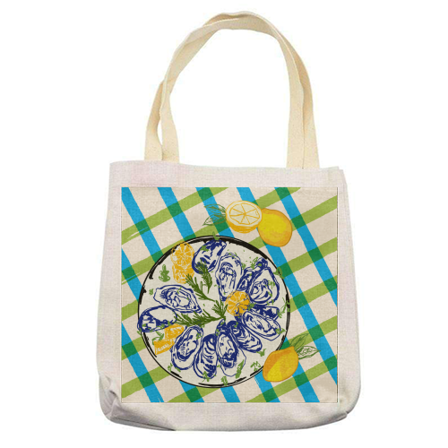Oysters on Plate with Lemon – Coastal Checkered - printed canvas tote bag by EZbie