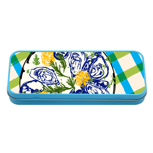 Oysters on Plate with Lemon – Coastal Checkered - tin pencil case by EZbie