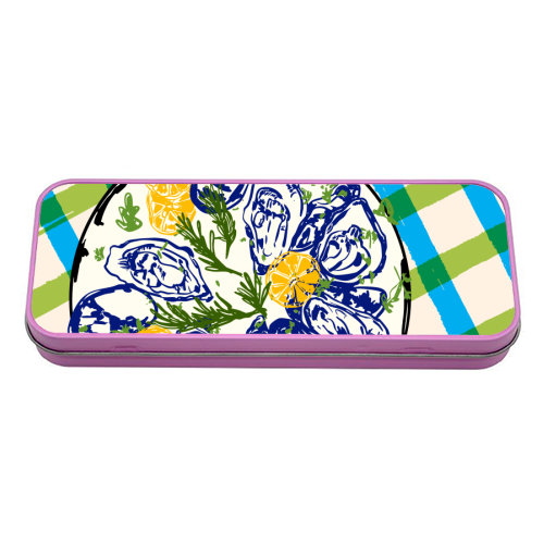 Oysters on Plate with Lemon – Coastal Checkered - tin pencil case by EZbie