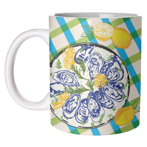 Oysters on Plate with Lemon – Coastal Checkered - unique mug by EZbie