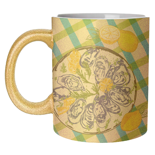 Oysters on Plate with Lemon – Coastal Checkered - unique mug by EZbie