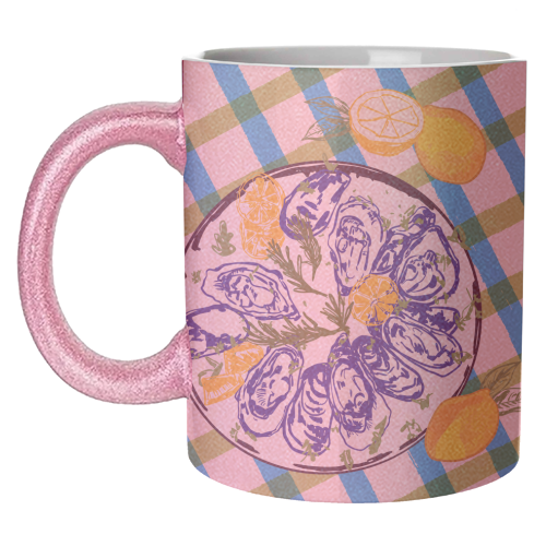 Oysters on Plate with Lemon – Coastal Checkered - unique mug by EZbie