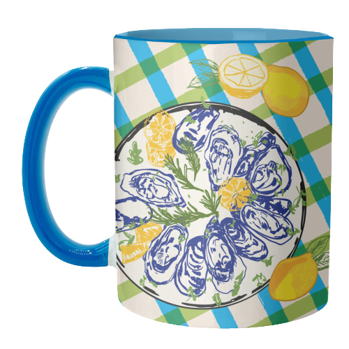 Oysters on Plate with Lemon – Coastal Checkered - unique mug by EZbie