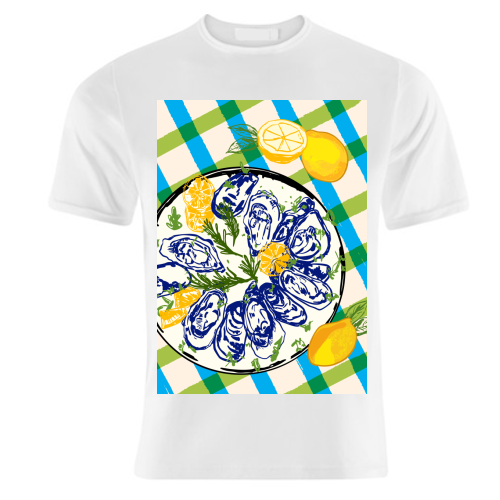 Oysters on Plate with Lemon – Coastal Checkered - unique t shirt by EZbie