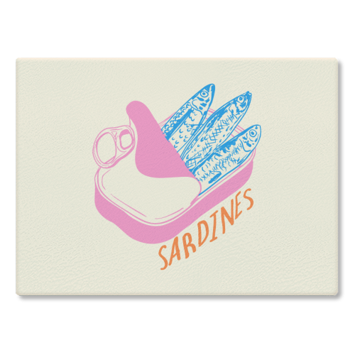 Pastel Sardines in Tin – Cute Retro Kitchen Art - glass chopping board by EZbie