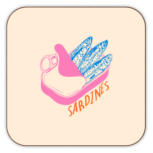 Pastel Sardines in Tin – Cute Retro Kitchen Art - personalised beer coaster by EZbie