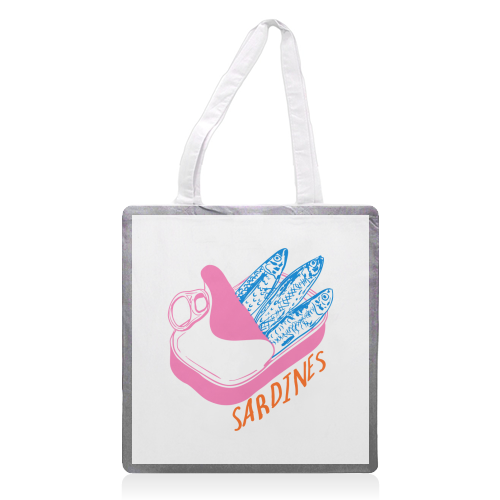 Pastel Sardines in Tin – Cute Retro Kitchen Art - printed canvas tote bag by EZbie