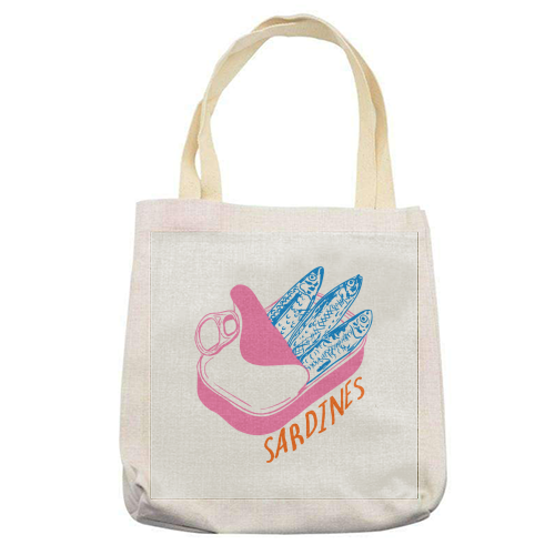 Pastel Sardines in Tin – Cute Retro Kitchen Art - printed canvas tote bag by EZbie