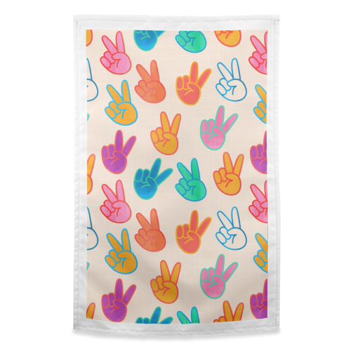 Peace And Victory Hand Sign In Rainbow Colors Pattern - funny tea towel by Ania Wieclaw