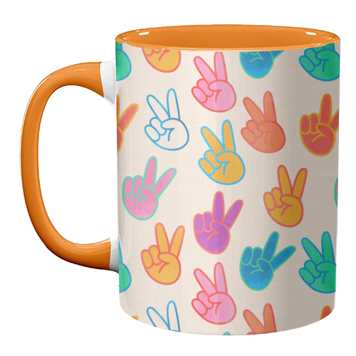 Peace And Victory Hand Sign In Rainbow Colors Pattern - unique mug by Ania Wieclaw