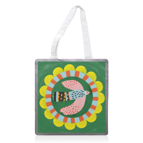 Peckish Bold Bright Bird Illustration Plate Design - printed canvas tote bag by AbiGoLucky