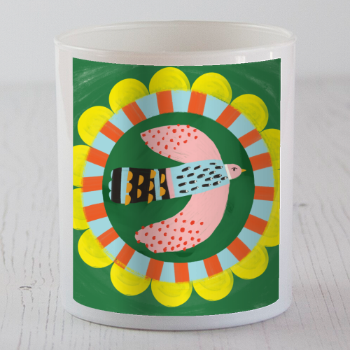 Peckish Bold Bright Bird Illustration Plate Design - scented candle by AbiGoLucky