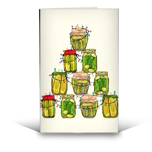 Pickle Jar Christmas Tree with Lights - funny greeting card by EZbie