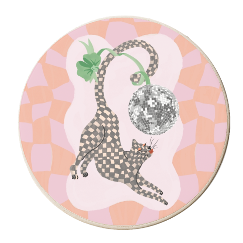 Pink And Green Checked Disco Cat - personalised beer coaster by Steph Pryor