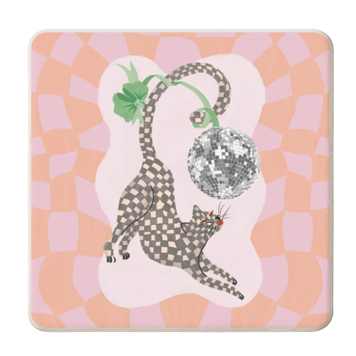 Pink And Green Checked Disco Cat - personalised beer coaster by Steph Pryor
