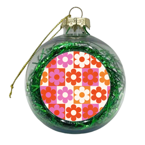 Pink and Orange Retro Daisies - xmas bauble by Ania Wieclaw
