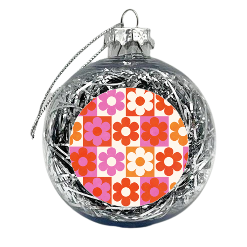 Pink and Orange Retro Daisies - xmas bauble by Ania Wieclaw