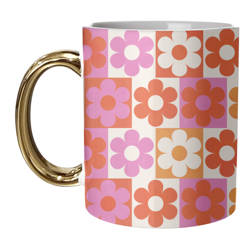 Pink and Orange Retro Daisies - unique mug by Ania Wieclaw