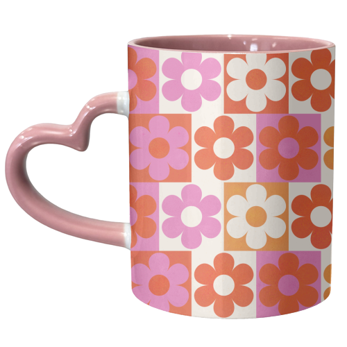 Pink and Orange Retro Daisies - unique mug by Ania Wieclaw