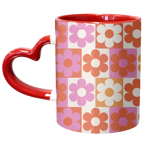 Pink and Orange Retro Daisies - unique mug by Ania Wieclaw