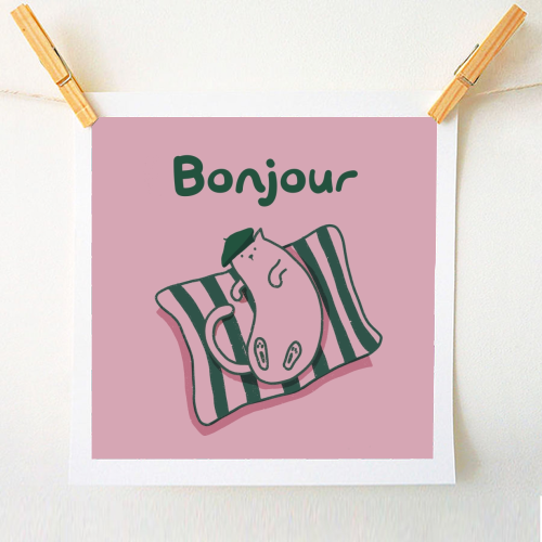 Pink Bonjour Cat - A1 - A4 art print by Giddy Kipper