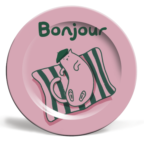 Pink Bonjour Cat - ceramic dinner plate by Giddy Kipper