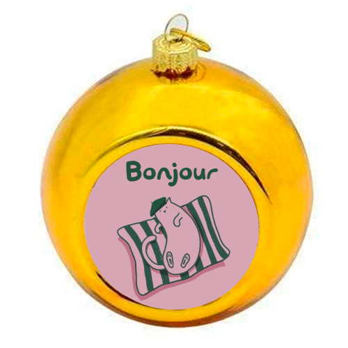 Pink Bonjour Cat - colourful christmas bauble by Giddy Kipper