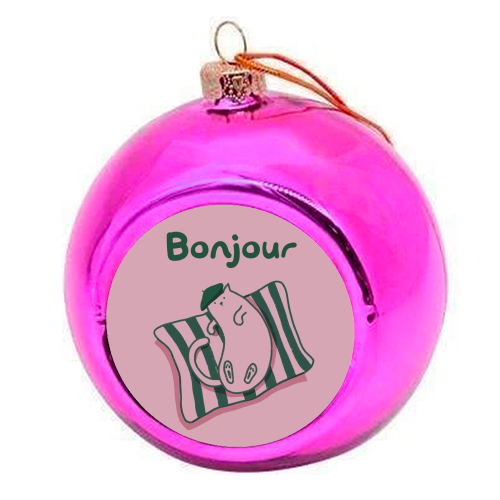Pink Bonjour Cat - colourful christmas bauble by Giddy Kipper