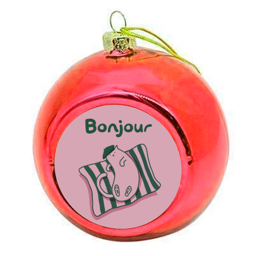 Pink Bonjour Cat - colourful christmas bauble by Giddy Kipper