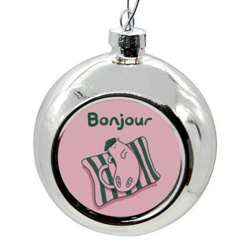 Pink Bonjour Cat - colourful christmas bauble by Giddy Kipper