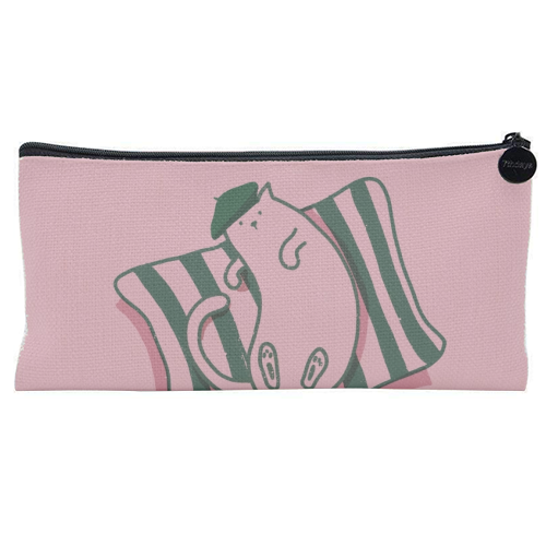 Pink Bonjour Cat - flat pencil case by Giddy Kipper