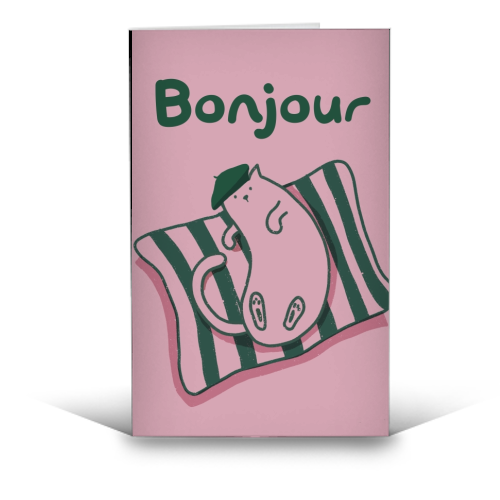 Pink Bonjour Cat - funny greeting card by Giddy Kipper