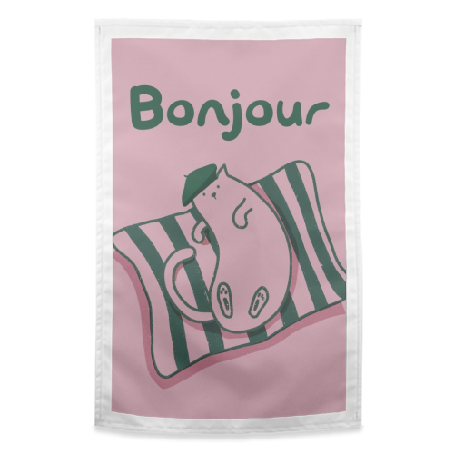 Pink Bonjour Cat - funny tea towel by Giddy Kipper