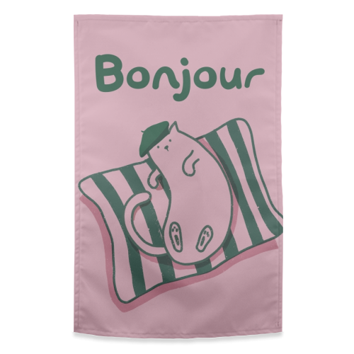 Pink Bonjour Cat - funny tea towel by Giddy Kipper