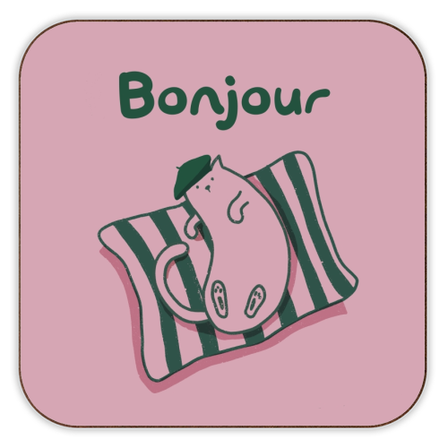 Pink Bonjour Cat - personalised beer coaster by Giddy Kipper