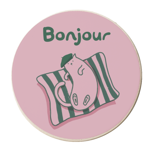 Pink Bonjour Cat - personalised beer coaster by Giddy Kipper