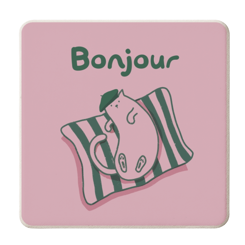 Pink Bonjour Cat - personalised beer coaster by Giddy Kipper