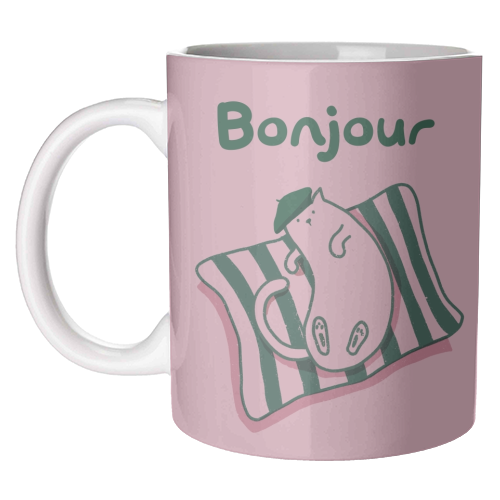 Pink Bonjour Cat - unique mug by Giddy Kipper