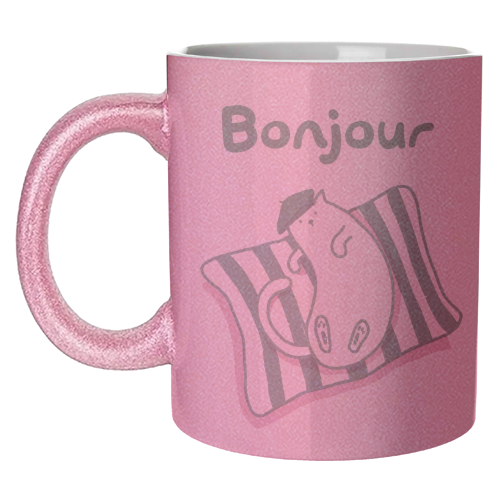 Pink Bonjour Cat - unique mug by Giddy Kipper