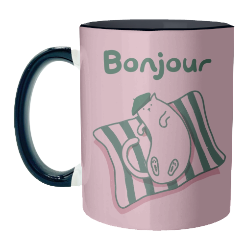 Pink Bonjour Cat - unique mug by Giddy Kipper