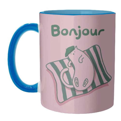 Pink Bonjour Cat - unique mug by Giddy Kipper