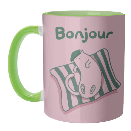 Pink Bonjour Cat - unique mug by Giddy Kipper